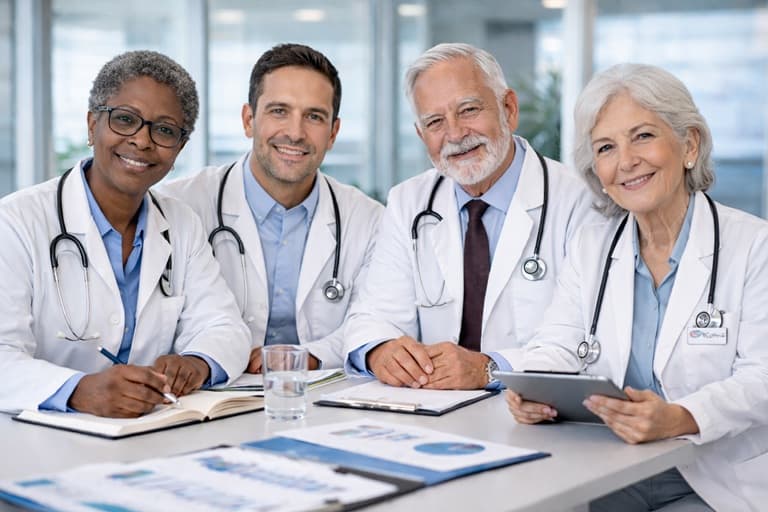 Diverse experienced doctors collaborating.