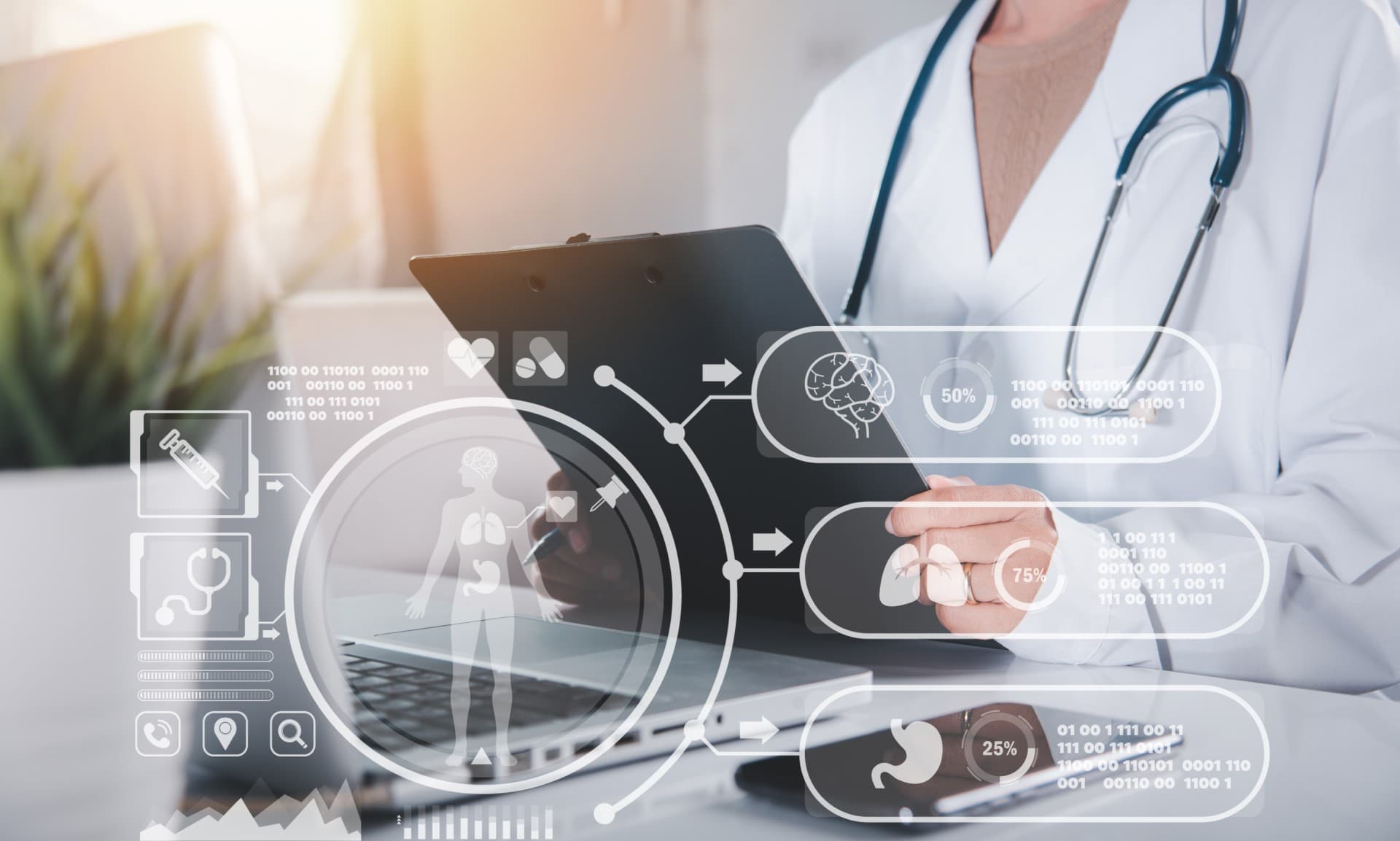 clinician with a clipboard and a digital-health data overlay