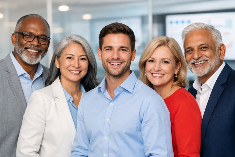 Group of diverse happy patients smiling together.