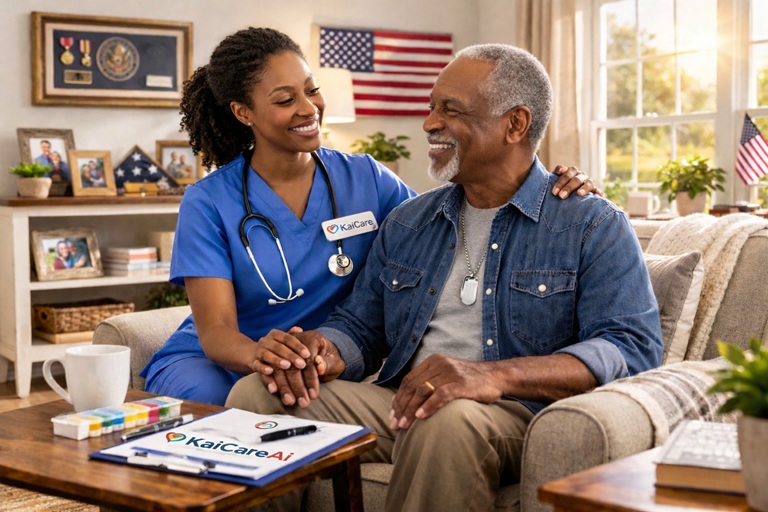 Nurse supporting a veteran in a home setting.
